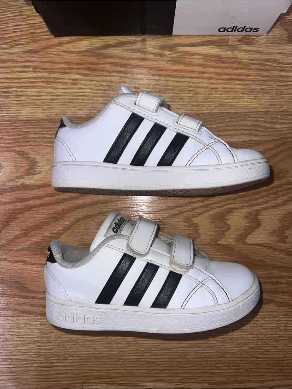 Adidas Kids White Sneakers with Black Stripes
